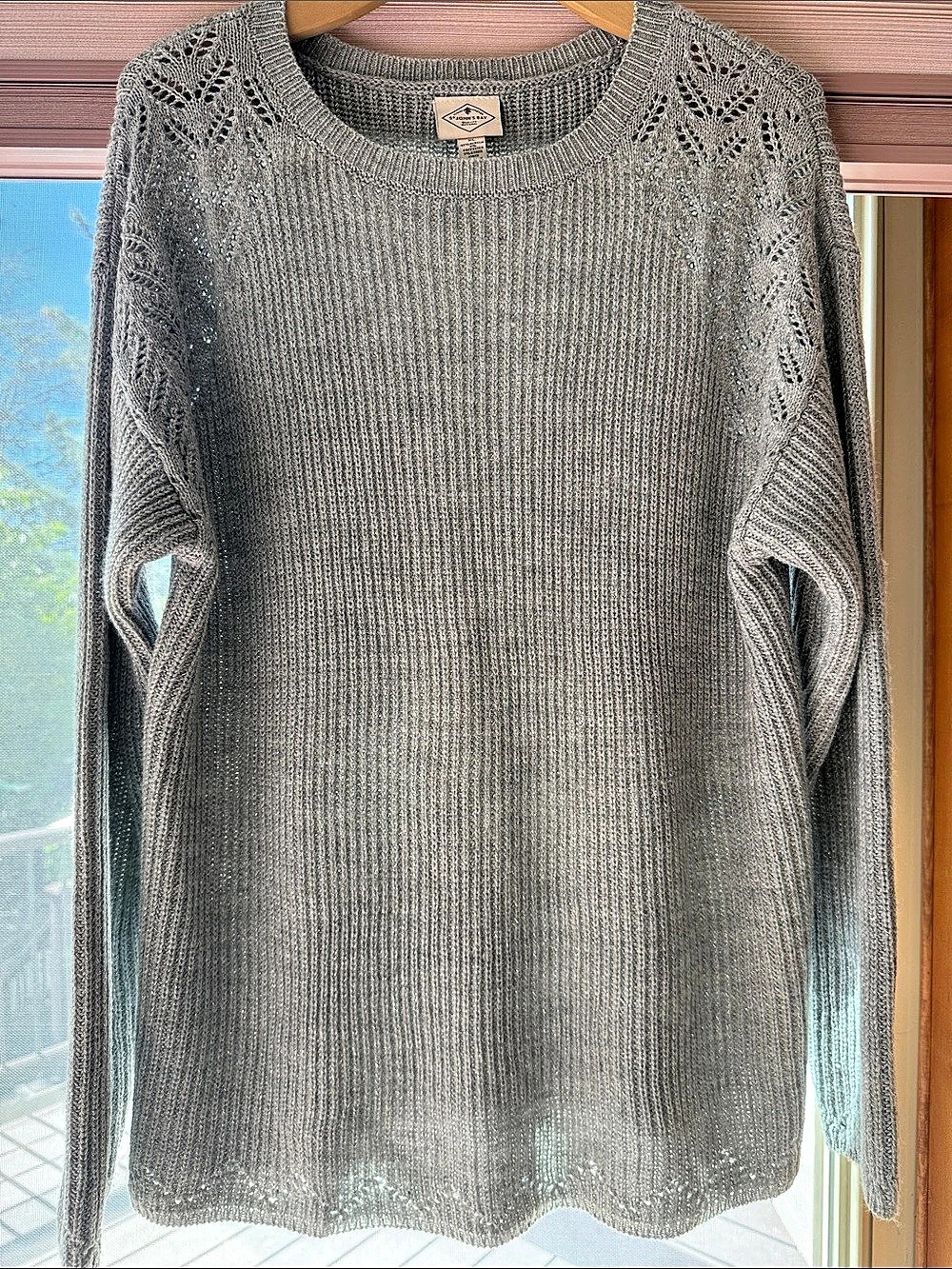 St. John's Bay Metallic Ribbed Pointelle Yoke Crewneck Sweater Gray XL